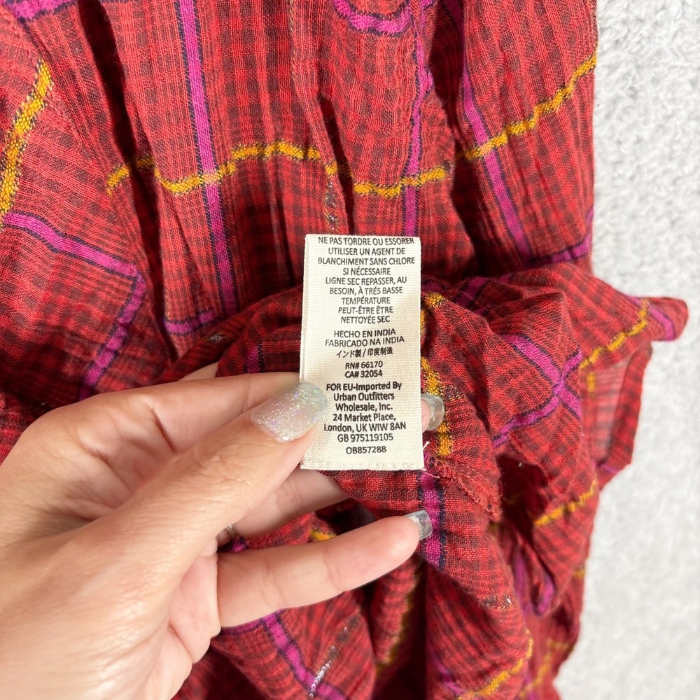 Free People Break My Stride Button Down Top Size L Red Plaid Metallic Stripe - Picture 6 of 8